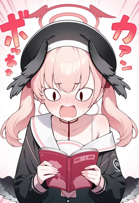 1girl, solo, Koharu \(Blue Archive\), <|> <|>, pink hair, long hair, twintails, head wings, low wings, pink halo, school uniform, black shirt, white sailor collar, pink neckerchief, off shoulder, black headwear, beret, screaming, holding book, open book, emphasis lines, embarrassed, upper body, masterpiece, best quality, amazing quality,