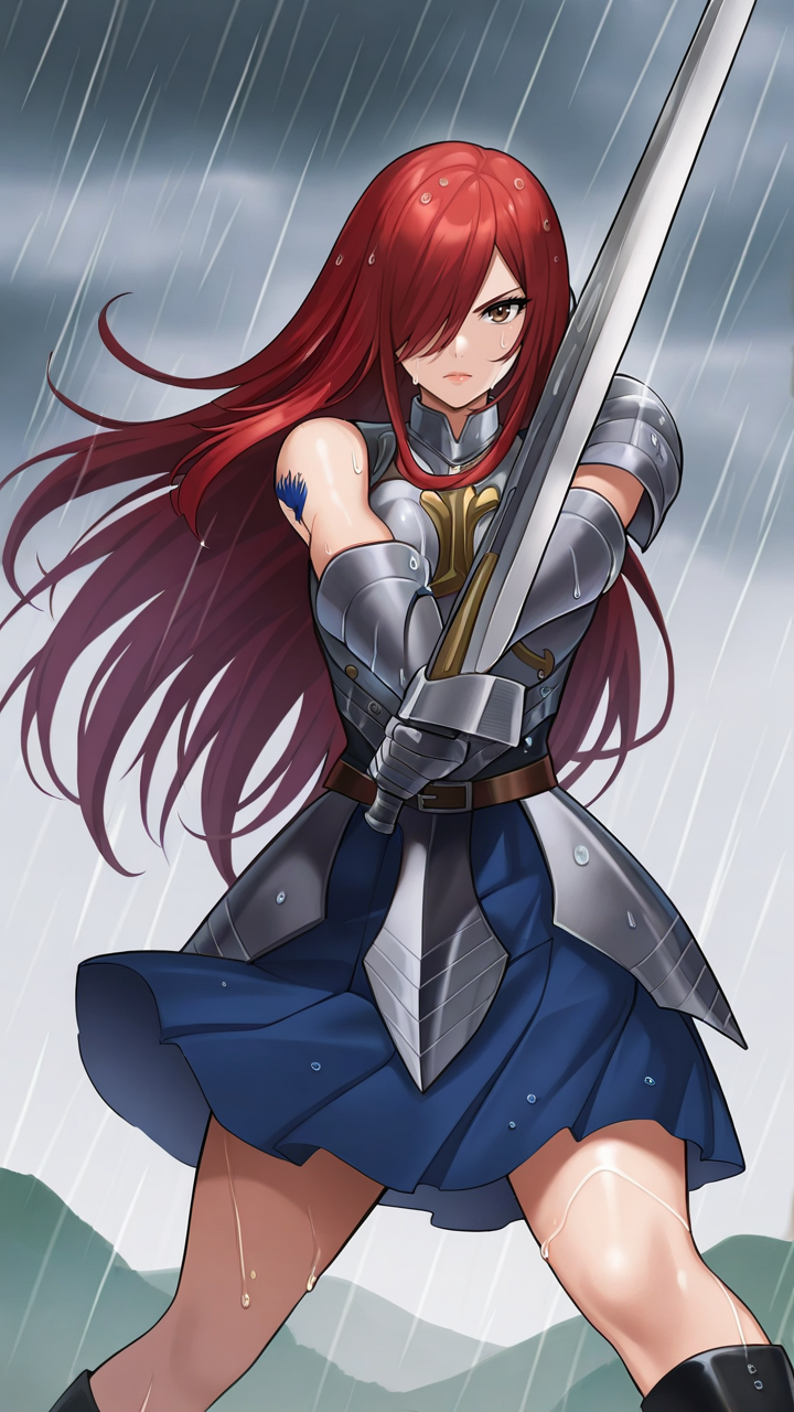 masterpiece, best quality, very aesthetic, absurdres, BREAK, 1girl, looking at viewer, cowboy shot, straight-on, 
<lora:Heart_Kreuz_100YearsQuest_Illu_Dwnsty:0.8>, erz_hk100yearsq, brown eyes, red hair, long hair, hair over one eye, tattoo, breastplate, armor, blue skirt, pleated skirt, belt, single shoulder armor, armored dress, knee boots, black footwear, 
large breasts, lips, serious, wet skin, holding sword, fighting stance, dynamic pose, outstretched arm, 
outdoors, cloudy sky, rain, storm, wind,