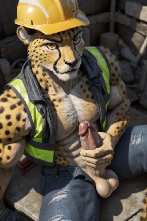ASCII anime style, uploaded on e621, trending on artstation, masterpiece, anime cheetah, bara, muscular, high-angle portrait view, sitting, ((wearing yellow hardhat and jeans and high-visibility safety vest with exposed chest)), construction sight, stroking thick penis and balls,