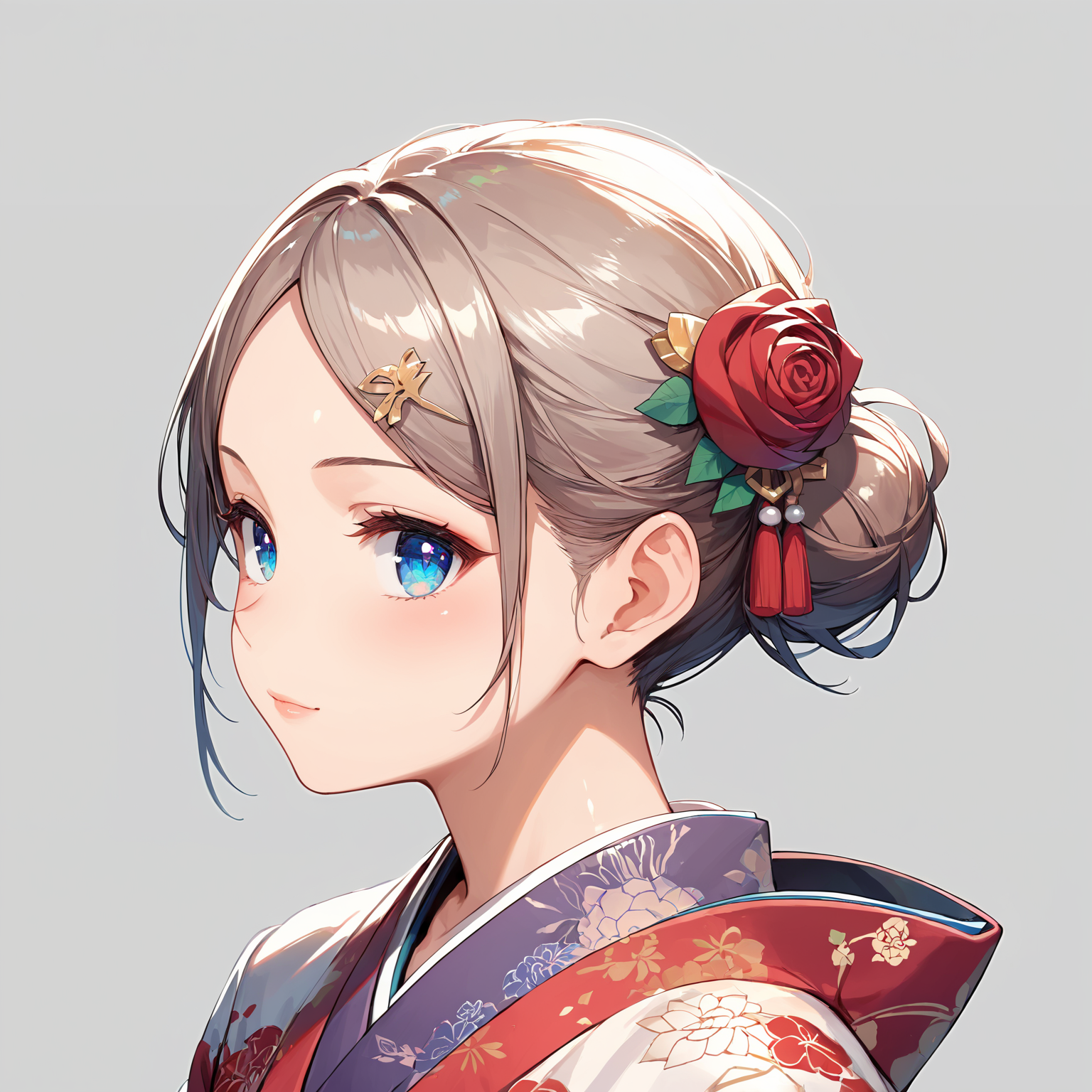 score_9, score_8_up, score_7_up,source_anime, high res image,masterpiece,best quality,girl,cute face,clear skin,shiny hair,ultra detailed eyes,simple background,  <lora:kanzashi_pony_V1.0:0.3> kanzashi, hair ornament, hair bun,kimono,rose