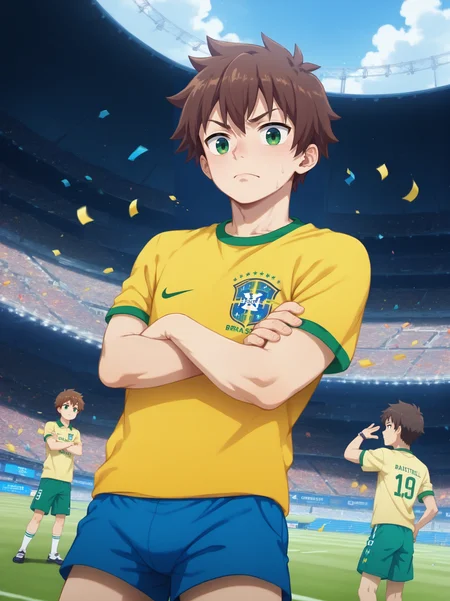 score_9, score_8_up, score_7_up,source_safe, rating_explicit, BREAK zPDXL2, zPDXLxxx, <lora:neocoill-guy-PONYv1:1>, masterpiece, ,
satou kazuma, 1boy, brown hair, male focus, BrazilFootballShirt, soccer uniform, soccer, (yellow shirt:1.1), shirt, short sleeves, (blue shorts:1.2), shorts,
green eyes, v-shaped eyebrows, expressionless, looking at viewer,
crossed arms,
outdoors, stadium, confetti, party popper, people in background, public,
(flat chest:1.1), <lora:BrazilFootball:1>, sweat, sweatdrop, dutch angle, low angle, (mature male:1.1), <lora:kazuma-satou-s2-ponyxl-lora-nochekaiser:0.5>,