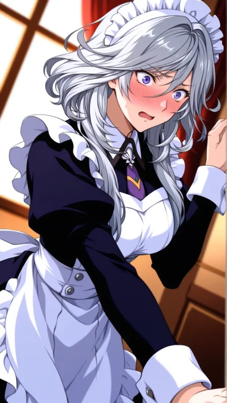 source_anime, general, best quality, masterpiece, 1girl, <lora:Ziony_Regis_ill_v1.0:1> ziony_regis\(srw\),blue eyes, white hair,grey hair, purple eyes,long hair,maid, maid headdress, maid apron,flustered, (embarrassed:0.9), dynamic pose, dutch angle,