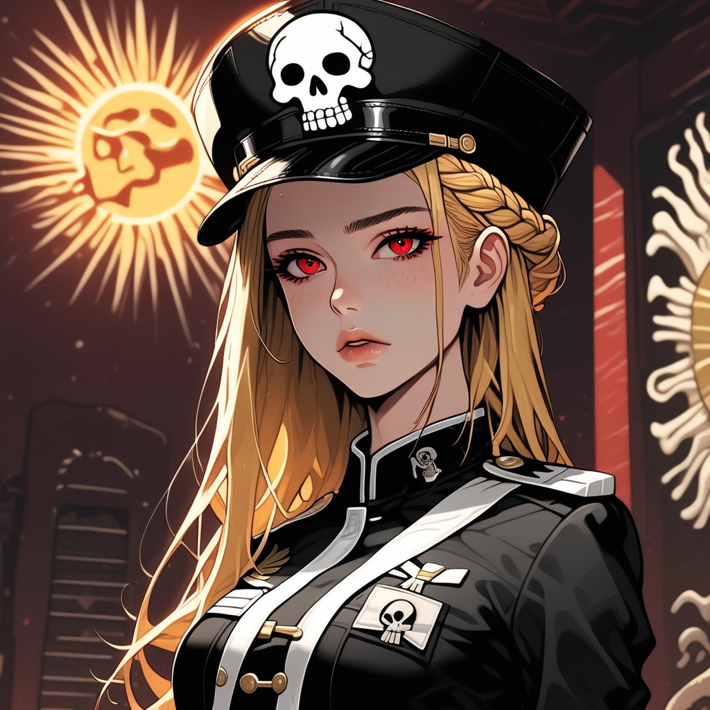 long length hair, golden hair, crown-braid, half up and down hairstyle, bright red eyes, oval face, sun-kissed skin with a sprinkling of freckles, slim body, medium high, expressive eyebrows, full lips, small breast, detailed background, skull hat ornament, uniform, military uniform, black uniform, hat, cap, black cap, armband, collared shirt, black necktie,, indoors, hands behind back, cowboy shot,