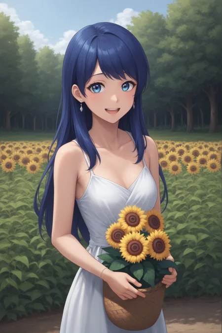 score_9,score_8_up,score_7_up BREAK source_anime,best quality,masterpiece,ultra detailed,
<lora:Samantha_Everlasting_SummerSDXL:0.7>,sam,1girl,solo,blue hair,blue eyes,long hair,
flower,dress,solo,tree,sunflower,white_dress,outdoors,smile,holding,basket,jewelry,day,purple_hair,holding_flower,open_mouth,blue_hair,standing,earrings,collarbone,bare_shoulders,bouquet,upper_body,the field of sunflower,
