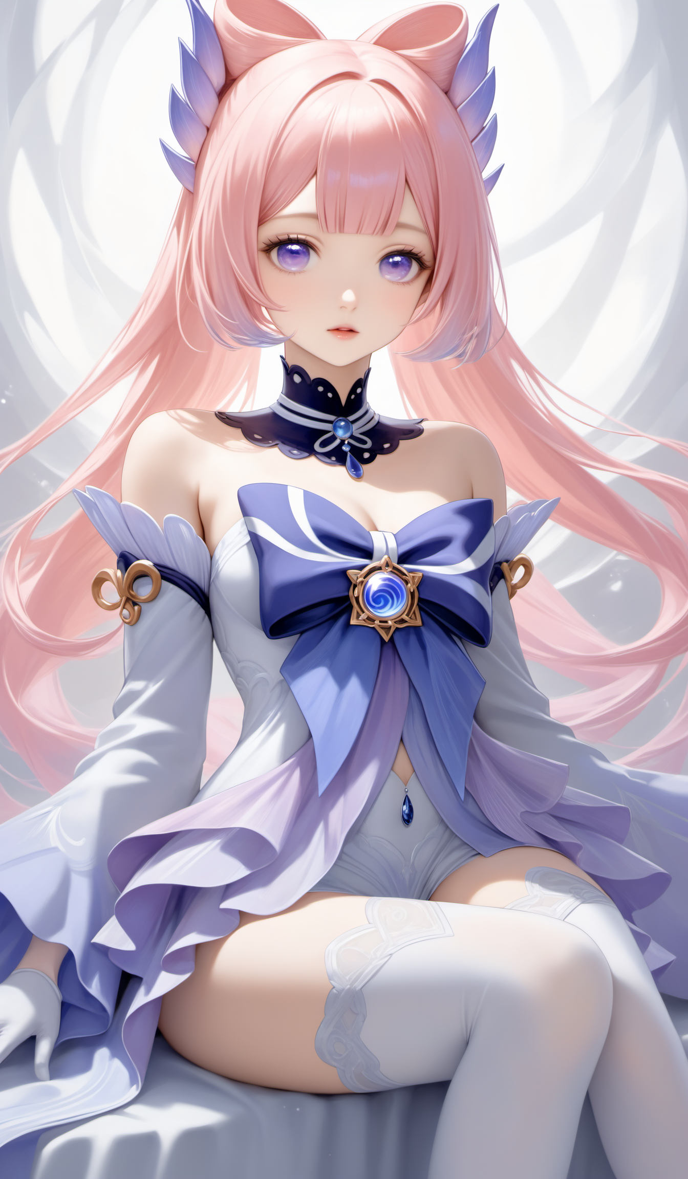 (genshin impact)kokomi sangonomiya, long hair, bangs, hair ornament, purple eyes, pink hair, sidelocks, multicolored hair, blunt bangs, gradient hair, bow-shaped hair,thighhighs, gloves, long sleeves, bow, frills, detached sleeves, shorts, white gloves, wide sleeves, bowtie, white thighhighs, frilled sleeves, vision \(genshin impact\),
(Best quality,masterpiece,absurdres,ultra realistic:1.4),(Rococo:1.4),(close portrait:1.3),(((photo raw)),),peerlessly , beautiful detailed eyes,(see-through_clothing),(Elegant),shine,glowing,sparkling,energy coalescing and vibrating,(dynamic angle,dynamic pose),Close-up photo,sitting,nsfw, topless, nude,charming,alluring,seductive,enchanting,cleavage,exposed,(Dream_wave:1.22),
(Around floating colorful sparkles:1.4)the most beautiful form of chaos,(pentagram:1.4),(colorful leaves:1),
naked young woman (giving deep throat blowjob:1.4)  in the bathroom ,  (large breasts:1.3) ,