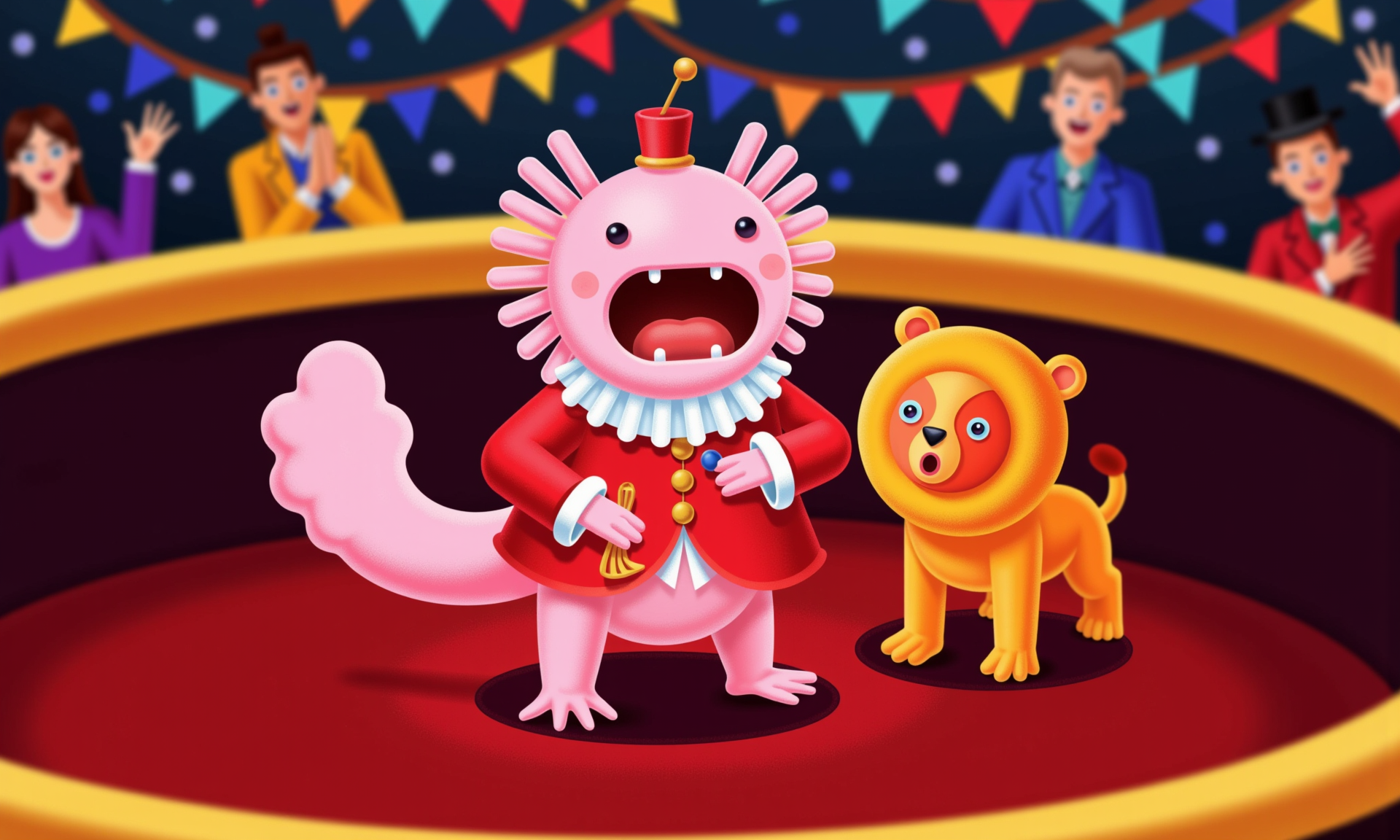 high-angle shot of a pink axolotl dressed as a circus ringmaster, holding a tiny whip and standing confidently beside a miniature lion figurine on a circus platform; its frilly gills flutter with excitement, and its round black eyes gleam under the bright spotlight; colorful banners, flags, and circus equipment fill the blurred background achieved by tilt-shift effect, creating a lively, fun-filled circus atmosphere with cheering miniature spectators and confetti in the air<lora:Axomodel_Flux_V2.safetensors:0.5:0.5> <lora:wh1m5y_style flat illustration__FLUX.safetensors:1:1>