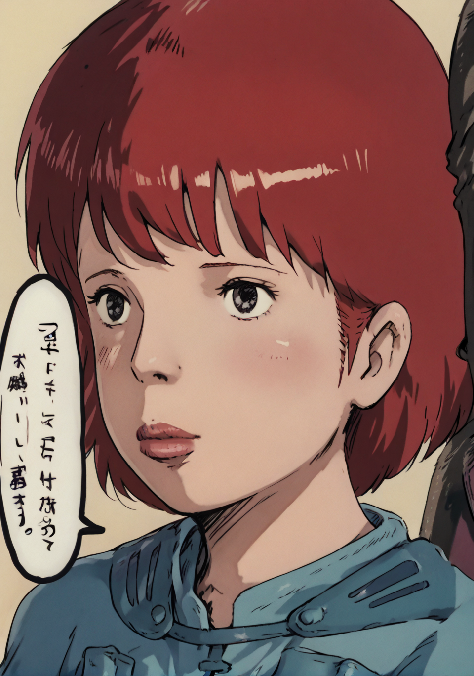 score_9,score_8_up,score_7_up,score_6_up,score_5_up,score_4_up,source_anime,
<lora:chigyu_pony_v1:1.2>,chigyu,
upper body,close-up,lips,
greyscale,comic,speech bubble,
<lora:Nausicaa_r2:1>,Nausicaa,red hair,