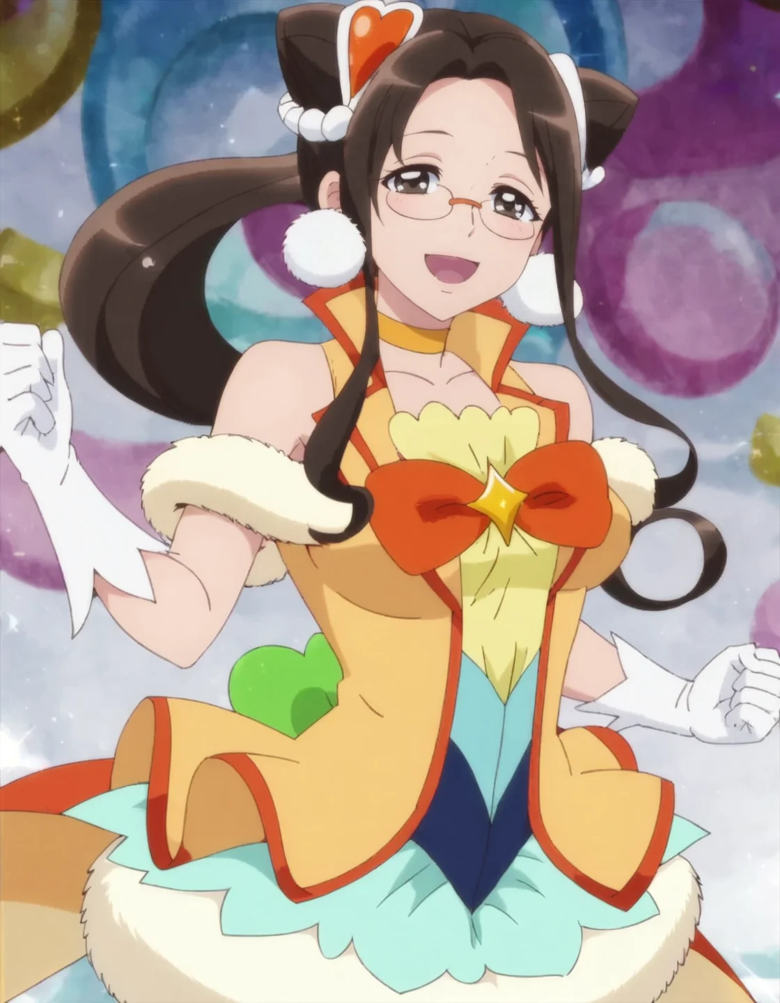 score_9, score_8_up, score_7_up, anime screencap,1girl, solo, cone hair bun, glasses, brown hair, gloves, solo, magical girl, choker, open mouth, hair ornament, smile, white gloves, long hair, looking at viewer, hair bun, blush,brown eyes, skirt,large breasts,milf,free hands,<lora:kusakaorie:0.9>
