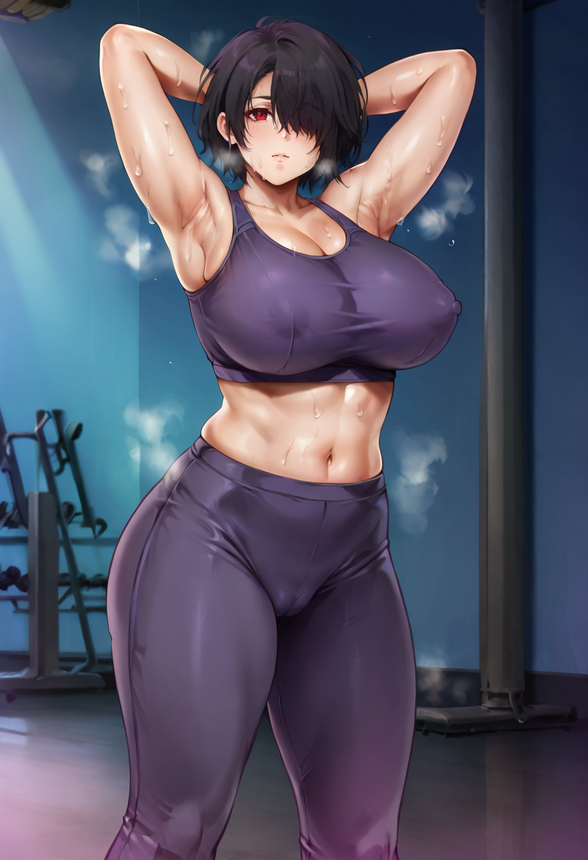 score_9, score_7_up,  1girl, 
huge breasts, wide hips, thick thighs, sports bra, navel, plump, hair over one eye, covered nipples, breasts, armpits, cameltoe, sweat, solo, purple sports bra, pants, red eyes, arms up, purple pants, high-waist pants, heavy breathing, alternate body size, thighs, steaming body, arms behind head, midriff, sportswear, toned, black hair, curvy, stomach, yoga pants, short hair, mature female, looking at viewer, one eye covered
 <lora:cyclone_(reizei)-Style-PonyXL-GLoRA-000045:1>