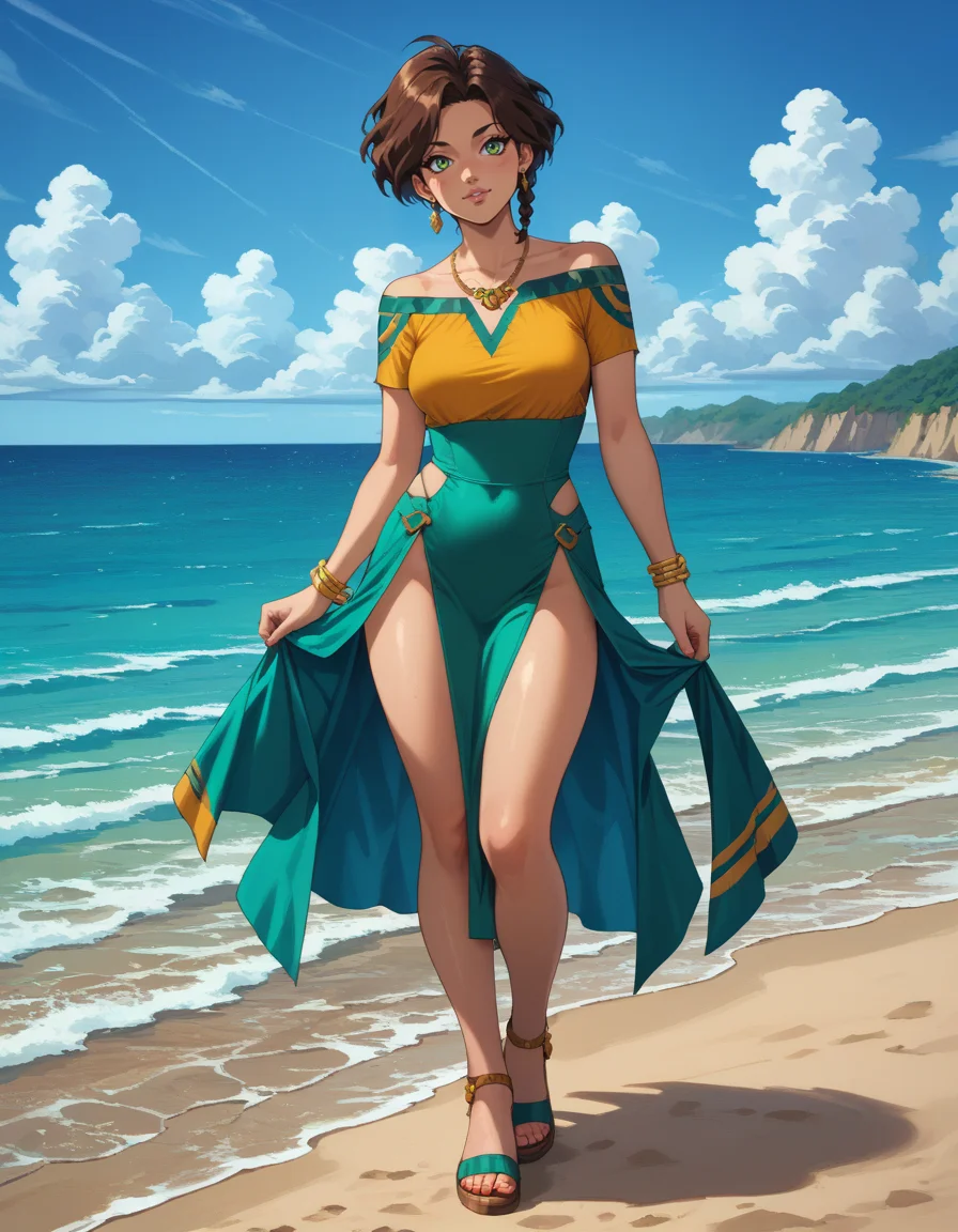 masterpiece, best quality, extremely detailed, highres, fishytech, scifi, FishyMagic, score_9, score_8_up, score_7_up, score_6_up, score_5_up BREAK ot0m, 1girl, green eyes, brown sidelocks hair, looking at viewer, <lora:OtaKingMondayAshlinPDXL16v1.6tx1-000008:0.9>, sea, full body