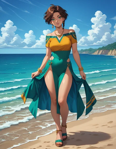 masterpiece, best quality, extremely detailed, highres, fishytech, scifi, FishyMagic, score_9, score_8_up, score_7_up, score_6_up, score_5_up BREAK ot0m, 1girl, green eyes, brown sidelocks hair, looking at viewer, <lora:OtaKingMondayAshlinPDXL16v1.6tx1-000008:0.9>, sea, full body
