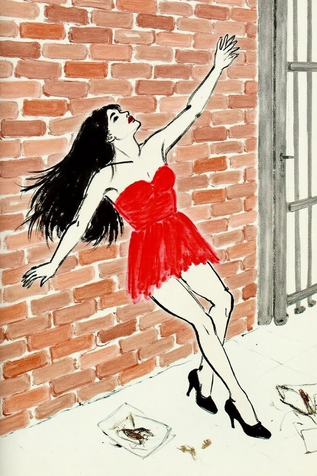 qbs1 ink wash painting.
A woman leaning against a brick wall, set in an urban environment. She has long black hair flowing loosely and wears a short, strapless red dress that clings to her figure, emphasizing a sense of motion and sensuality. Her pose is dramatic, with her arms stretched against the wall and her head tilted slightly back, exuding a sense of vulnerability and allure. She is wearing black high-heeled shoes, and the ground below features scattered papers and debris, adding a gritty urban atmosphere. <lora:qbs1_cap_d6a3e12:1.0><lora:818448100625630483:0>