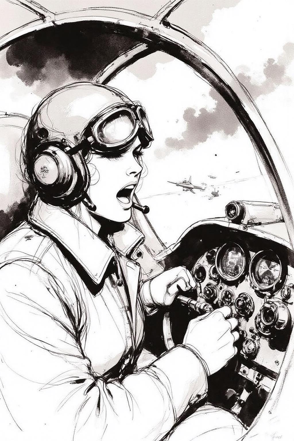 nijiwc1 Ink brush style illustration. 
a female pilot screaming inside the cockpit of a WWII bomber. The pilot, wearing a vintage leather flight helmet with goggles and a bomber jacket, grips the controls with white-knuckled hands. Her face is contorted in a mix of fear and determination as she yells, her eyes wide with adrenaline. The cockpit is cramped and filled with old-fashioned dials and gauges, with the outside view showing dark stormy clouds and distant anti-aircraft fire. 
The background is stark white <lora:inkwash_niji_nocap_d6a3:1.0><lora:806958539122889164:0>