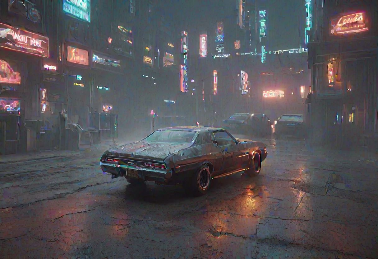 cyberpunk, neonpunk, muscle car,  chevelle, worn, dirt, fog,  dim lighting,
<lora:glowneon_xl_v1:0.5> , wide shot, cinematic, silhouette, volumetric lighting, smoke, depth of field, <lora:DisplayCaseXL:.7> display case