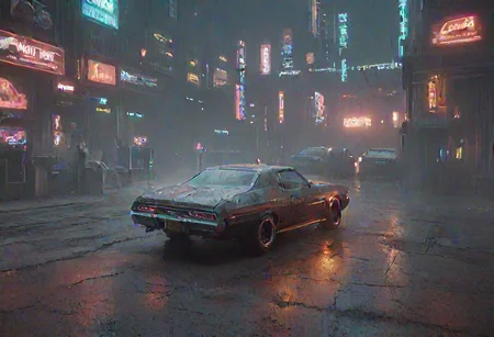 cyberpunk, neonpunk, muscle car,  chevelle, worn, dirt, fog,  dim lighting,
<lora:glowneon_xl_v1:0.5> , wide shot, cinematic, silhouette, volumetric lighting, smoke, depth of field, <lora:DisplayCaseXL:.7> display case