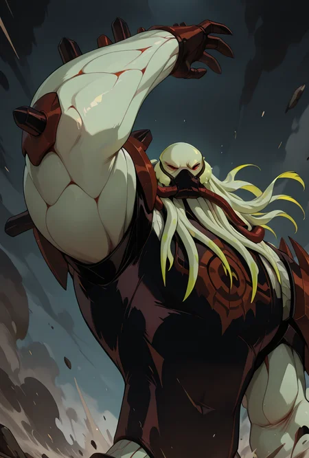 <lora:vilgax-10:1> vilgax, no humans, solo, red eyes, armor, dynamic pose, upper body, action pose,, masterpiece, best quality, amazing quality, very aesthetic, absurdres, newest,
