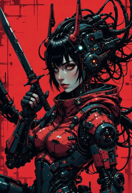 in the style of cknc, close-up shot of a dressed in futuristic hard surfaced dark sci-fi, slightly oval cross section look, battle scratched armor, a kimono, mysterious white skin mexican wabi-sabi mercenary battle droid humanoid woman with a lot of mechanical parts looking at the viewer, wielding a combat knife, 1800'S, - Bosmer hybrid, Scribe, equirectangular 360, Flirty expression, Romantic, whimsical, Fast Shutter Speed, Lomography Color 100, red and black palette,
highly detailed Mayhem style , background bizarre techno ghetto transmission, style minimalist, conceptual art posing Japanese, conceptual, illustration, cinematic, photo epic action, cinematic, award winning artwork, many details, patterned illumination, bad VHS tape image artifacts,
anime style, key visual, vibrant, studio anime, nistyle
<lora:ck-nc-pastel-cyberpunk:0.80> <lora:ck-Ivan-Beslic-Art-Style-000019:0.2>  <lora:ck-MetalGearSolid-000019:0.40>  <lora:m100-style_v.02:0.3>  <lora:test2:0.65>
