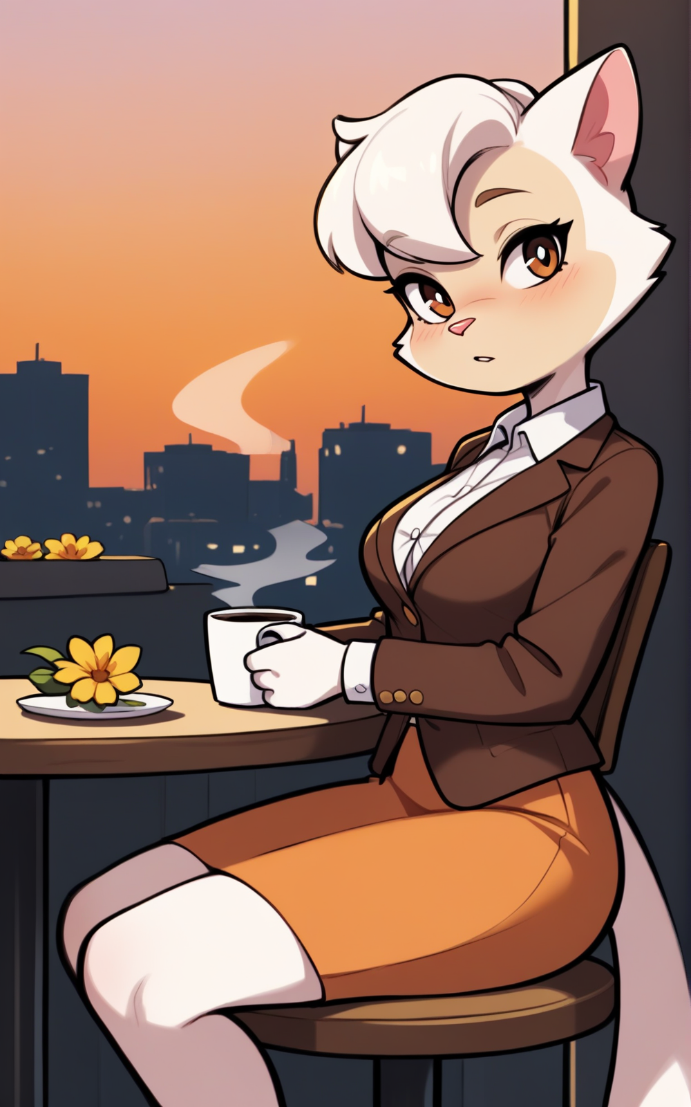 best quality, absurdres,<lora:BolivanteStyleITS:0.8>, <lora:SCDDITS:0.8>, SCDDITS, skirt, light orange skirt, brown jacket,white shirt , furry female, furry, tail, animal ears, brown eyes, white hair, white fur, short hair, cat girl, beige skin, white skin, two-tone skin, animal nose, slim, button shirt, collared, sitting, chair, table, outside,holding coffee, flowers, tired, evening, city