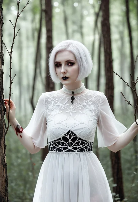 depth of field, fantasy photoshoot, photo, professional photoshoot,
1girl, ghost, tall, pale skin, themes of fabric and blood,
short hair, white dress, gothic jewelry, white hair,
summer forest, branches in foreground, blurry foreground, trees in background,
realistic, blurry