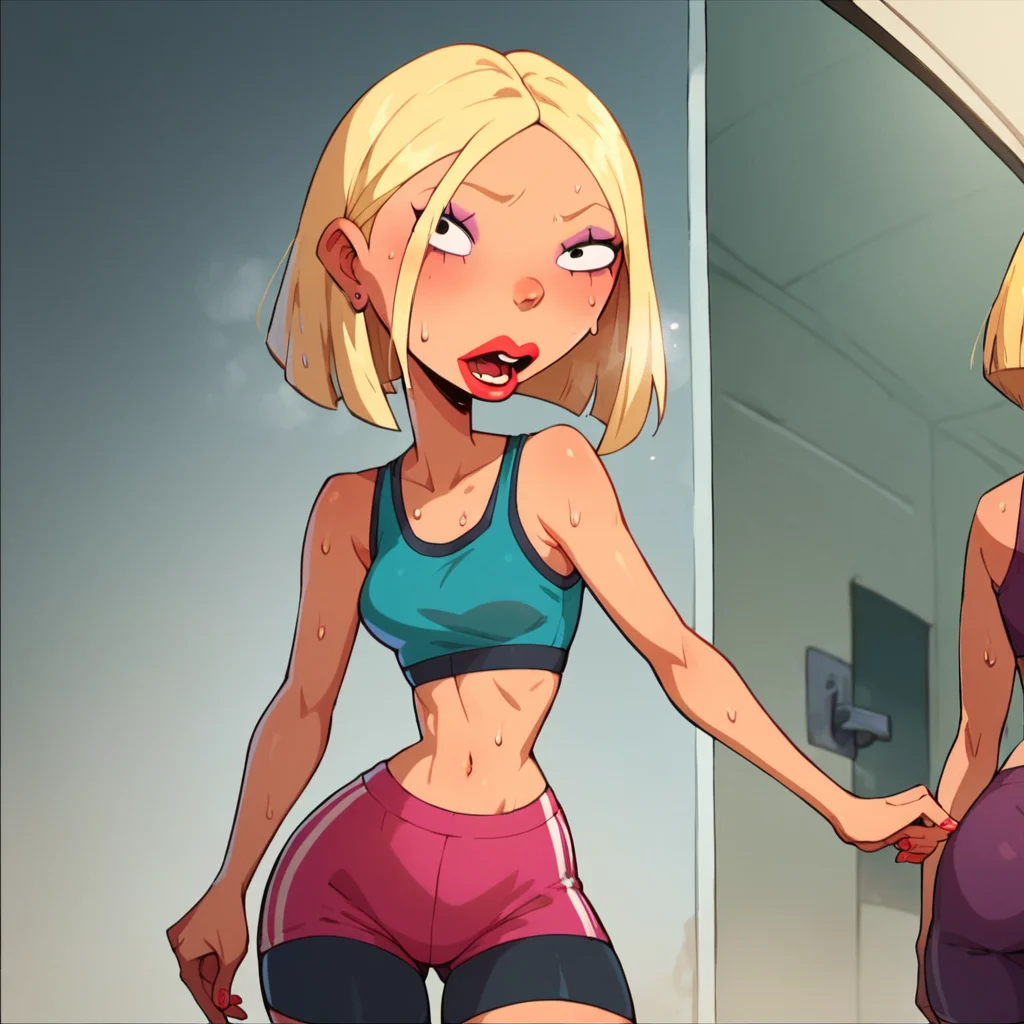 score_9, score_8_up, score_7_up, 1girl, Courtney, blonde hair, short hair, bob cut, makeup, lipstick, small breasts, narrow waist, wide hips, looking at viewer, sports bra, bike shorts, sweat,  highres, high quality, masterpiece, <lora:Courtney_Gripling:1>