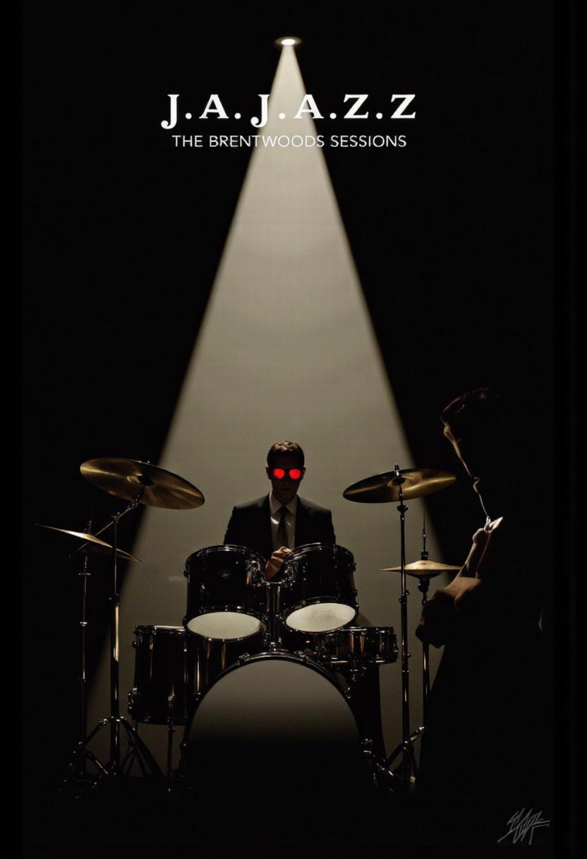 Cinematic photo. A minimalistic, minimalist poster featuring a silhouette of a man playing the drums in front of a spotlight, with the text "J.A.J.AZ.Z. The Brentwoods Sessions" at the top. The background is a solid black color, and the text is in a bold, white font. the man is positioned in the middle of the image, wearing a black suit and red sunglasses, and is playing a drum set with cymbals on either side. he is positioned behind the drums, with a focused expression on his face. the image has a minimalist design with a focus on the man's silhouette and the music he is creating.