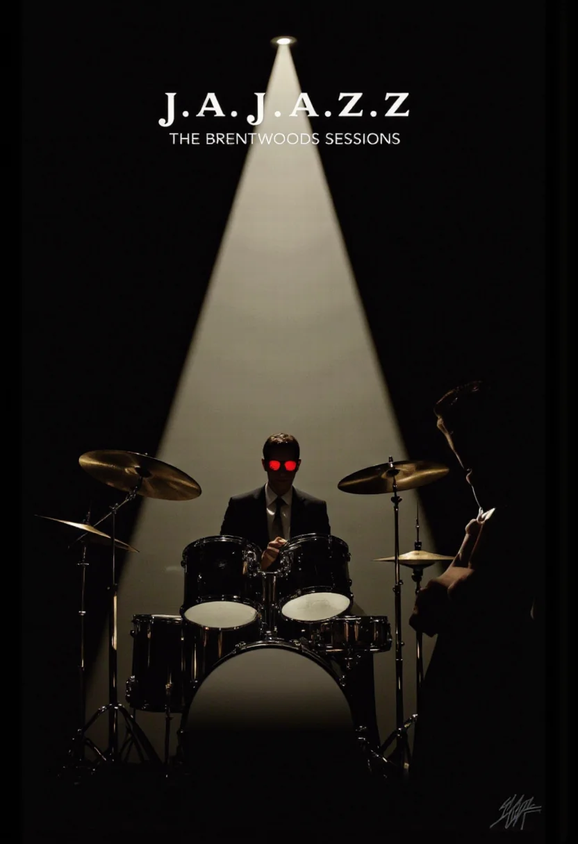 Cinematic photo. A minimalistic, minimalist poster featuring a silhouette of a man playing the drums in front of a spotlight, with the text "J.A.J.AZ.Z. The Brentwoods Sessions" at the top. The background is a solid black color, and the text is in a bold, white font. the man is positioned in the middle of the image, wearing a black suit and red sunglasses, and is playing a drum set with cymbals on either side. he is positioned behind the drums, with a focused expression on his face. the image has a minimalist design with a focus on the man's silhouette and the music he is creating.