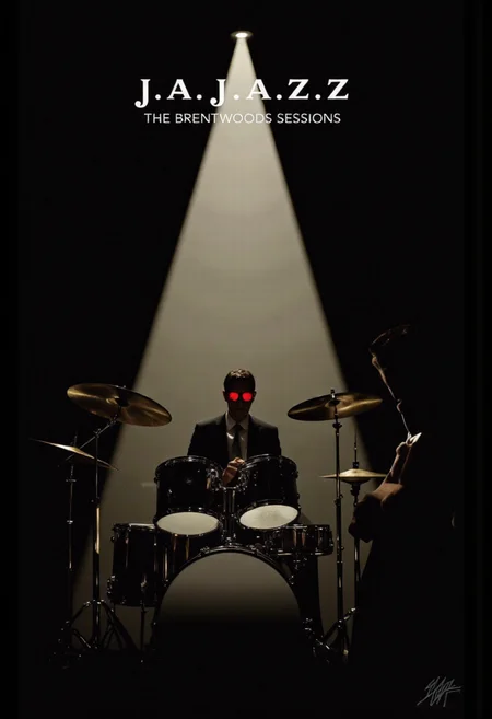 Cinematic photo. A minimalistic, minimalist poster featuring a silhouette of a man playing the drums in front of a spotlight, with the text "J.A.J.AZ.Z. The Brentwoods Sessions" at the top. The background is a solid black color, and the text is in a bold, white font. the man is positioned in the middle of the image, wearing a black suit and red sunglasses, and is playing a drum set with cymbals on either side. he is positioned behind the drums, with a focused expression on his face. the image has a minimalist design with a focus on the man's silhouette and the music he is creating.