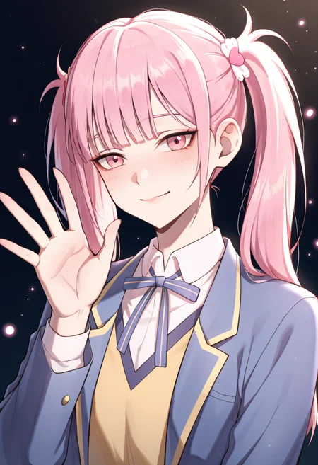 <lora:Li Tianxi School Uniform2:0.8>,15_Li Tianxi School UniformWoman,long hair,bangs,twintails,pink hair,side ponytail,pink eyes,shirt,ribbon,holding,twintails,medium breast,light skin,1girl,school uniform,blue jacket,white shirt,collared shirt,neck ribbon,school uniform,jacket,long sleeves,miniskirt,pleated skirt,black shoes,white socks,
masterpiece,best quality,intricate details,upper body (portrait:1.3),dramatic pose,confident gaze,cinematic lighting,(dark clean background,glowing magical particles:1.3),(detailed face:1.3),vibrant colors.,
,waving at viewer,(close to face:1.3),portrait,