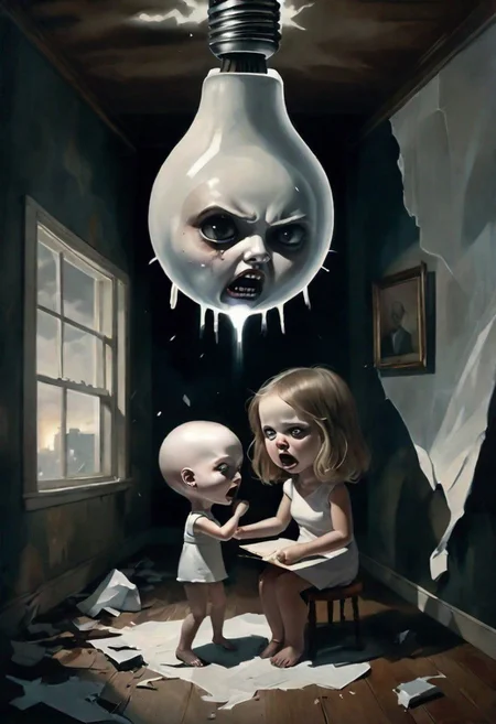 beneath a bare lightbulb the plaster did pound
 Her sister and I in a screaming battleground
 And she in between, the victim of sound
 Soon shattered as a child  neath her shadows , lowbrow art style
  surreal , 8k