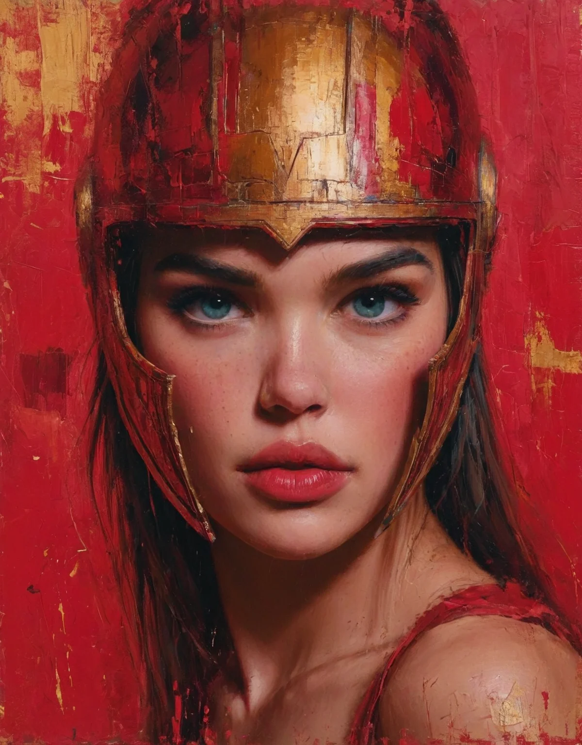 highly detailed and realistic art style with expressive, bold brushstrokes. The color palette should prominently feature deep reds and golds, with an abstract, textured red background. woman <lora:EpiCPainting:0.8>