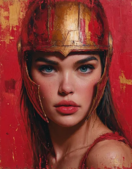 highly detailed and realistic art style with expressive, bold brushstrokes. The color palette should prominently feature deep reds and golds, with an abstract, textured red background. woman <lora:EpiCPainting:0.8>