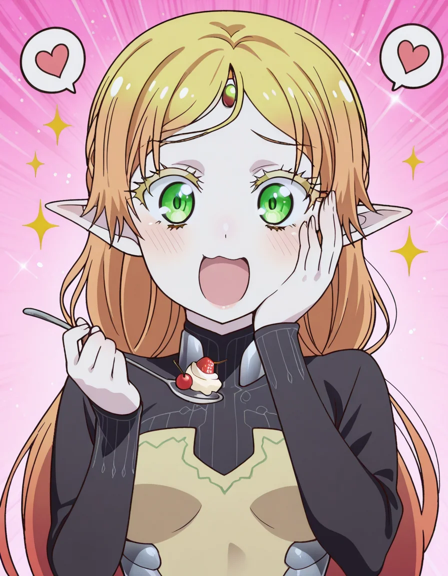 masterpiece, best quality, amazing quality,, <lora:tsundere-elf-s1-illustriousxl-lora-nochekaiser:1>, tsundere elf, long hair, blonde hair, green eyes, pointy ears, elf, multicolored hair, forehead jewel, mature female, small breasts, anime screencap,, <lora:parfait-illustriousxl-lora-nochekaiser:1>, parfait, open mouth, heart, food, sparkle, fruit, happy, hand on own face, spoken heart, ice cream, strawberry, spoon, hand on own cheek, cherry, holding spoon, , ,
