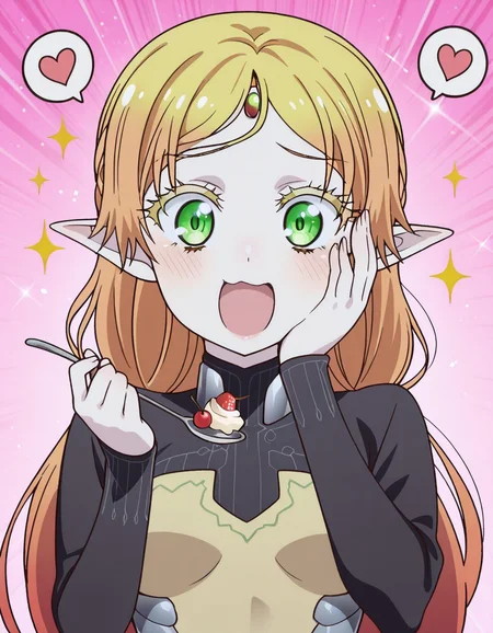 masterpiece, best quality, amazing quality,, <lora:tsundere-elf-s1-illustriousxl-lora-nochekaiser:1>, tsundere elf, long hair, blonde hair, green eyes, pointy ears, elf, multicolored hair, forehead jewel, mature female, small breasts, anime screencap,, <lora:parfait-illustriousxl-lora-nochekaiser:1>, parfait, open mouth, heart, food, sparkle, fruit, happy, hand on own face, spoken heart, ice cream, strawberry, spoon, hand on own cheek, cherry, holding spoon, , ,