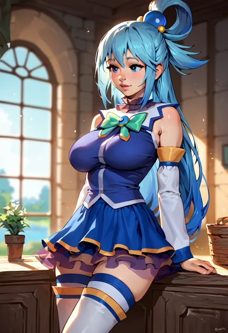 (score_9:1.2), (score_8_up:1.2), (score_7_up:1.1), source_anime,
1girl, aqua \(konosuba\), blue hair, blue eyes, solo,
hair rings, bow, blue shirt, bow, detached sleeves, skirt, thighhighs, bare shoulders,
large breasts,
impossible clothes,
scenery, light particles, indoors, depth of field,
<lora:Impossible_clothes_Pony:1> <lora:Pony_DetailV2.0:1>