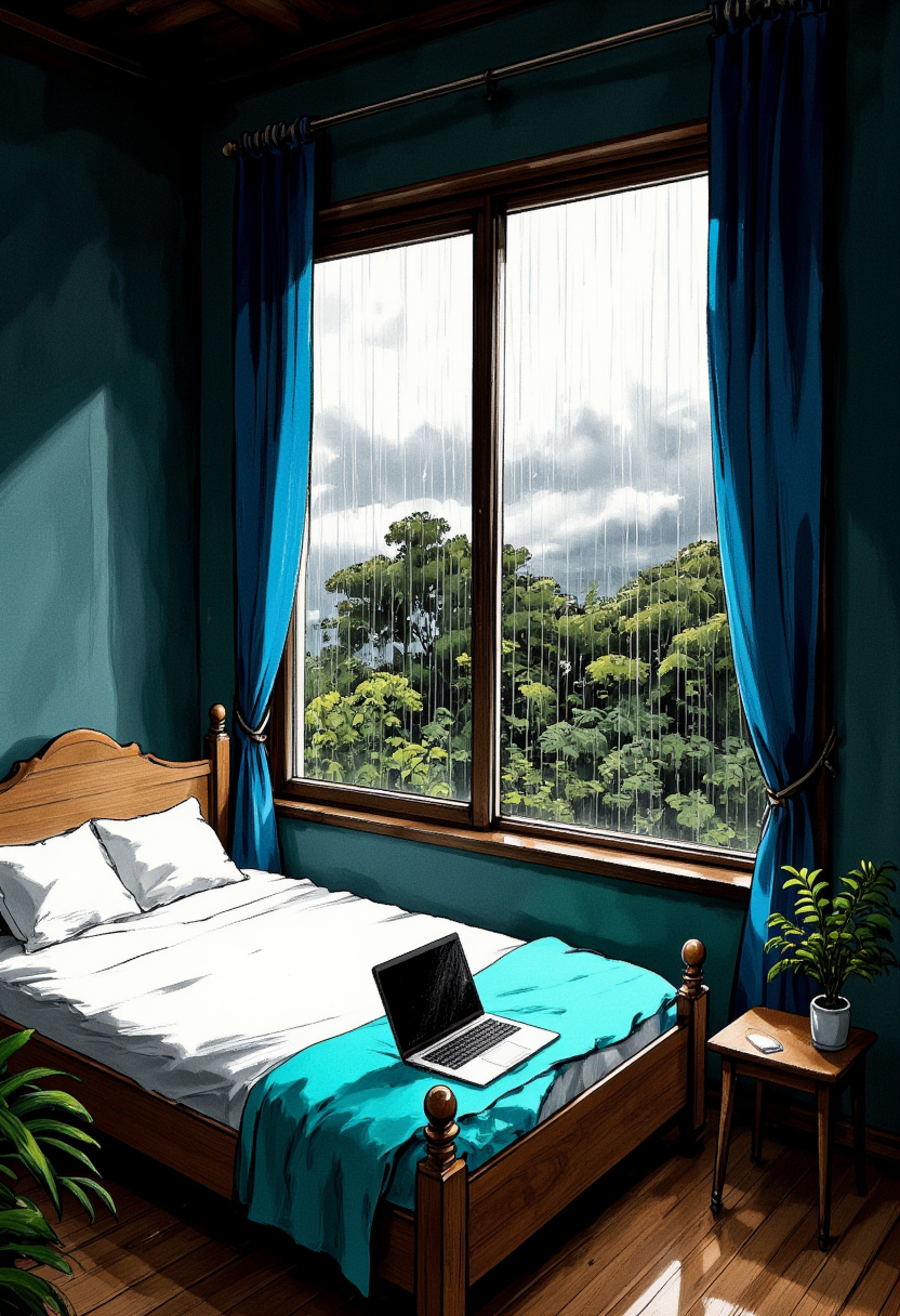 An image in style of ink wash painting, featuring a dark yet ((cozy bedroom on the second floor)) viewed from a slight corner angle, with ((teal walls)) and (wooden floor). The room appears (dimly lit), creating a moody atmosphere. The ((neatly made wooden bed)) with a (turquoise blanket) and white pillows sits partially in view, with a (laptop computer) resting on top. A (large closed window) with ((blue flowing curtains)) shows ((raindrops streaming down the glass)), creating delicate patterns. Outside, ((heavy rain falls)) and dark clouds against a backdrop of ((green leaves)), visible from the elevated second-floor perspective. A (small wooden nightstand) sits beside the bed, holding a (delicate potted plant). The composition captures the cozy, contemplative mood of the bedroom during headvy rainfall, with soft, muted light diffusing through the room. Shadows gather in the corners, enhancing the intimate feeling of shelter from the storm outside. <lora:Shuimozhuangshi_Ink_wash_painting_style_v2.7:1>