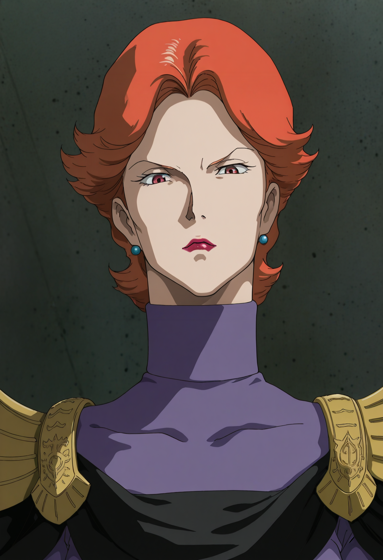 masterpiece, best quality, good quality, <lora:GOKycilia:1>, GOKycilia, 1girl, solo, orange hair, red eyes, lipstick, earrings,
purple military uniform, white belt, cape, capelet, white gloves,
looking at viewer, portrait, 
BREAK indoors, concrete,