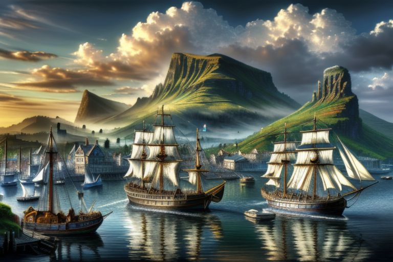 (masterpiece:1.2), (best quality,:1.2), 8k, HDR, ultra detailed, ((photorealistic)), perfect anatomy, pire, ship, pier, over looking a harbor, noon, CelticLandStyle