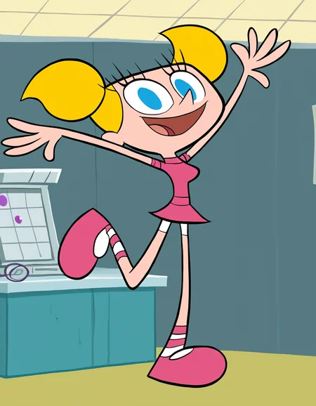 de3dee, solo, smile, open mouth, full body, shoes, arms up,  leg up,  jumping, pink footwear,
indoors, laboratory,computers, machinery,
<lora:dexterlab:1>