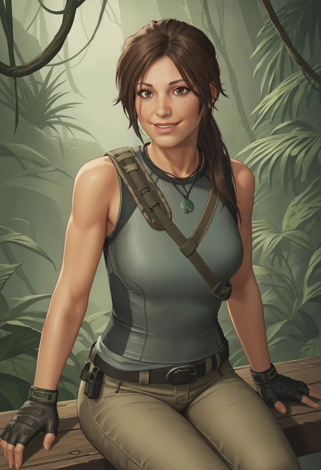score_9, score_8_up, score_7_up, score_6_up, score_5_up, score_4_up, 1girl, <lora:LaraCroftSOTTR:0.85> solo, breasts, brown eyes, ponytail, brown hair, lips, sleeveless, fingerless gloves, pants, belt, jewelry, pendant, looking at viewer, smile, sitting,
jungle background,