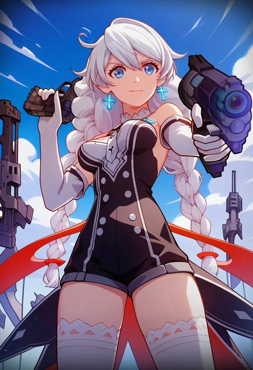 score_9,score_8_up,score_7_up,source_anime,Kiana Kaslana,1girl,solo,breasts,looking at viewer,smile,long sleeves,hair ornament,gloves,dress,thighhighs,holding,closed mouth,medium breasts,braid,weapon,elbow gloves,white gloves,holding weapon,twin braids,gun,cross,holding gun,handgun,dual wielding,aiming,short jumpsuit,