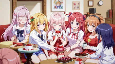 This dynamic scene captures the lively essence of Galentine's Day/ with an array of colorful anime waifus gathered in a cozy setting exchanging heartfelt presents. The image showcases the characters' unique personalities through their expressions and body language while they share laughter and cheer against a warm/ festive backdrop. The atmosphere radiates warmth and camaraderie/ inviting viewers to join this delightful celebration of friendship and love. Anime/ Galentine's Day Celebration/ Gift Exchange/ Lively Atmosphere.
