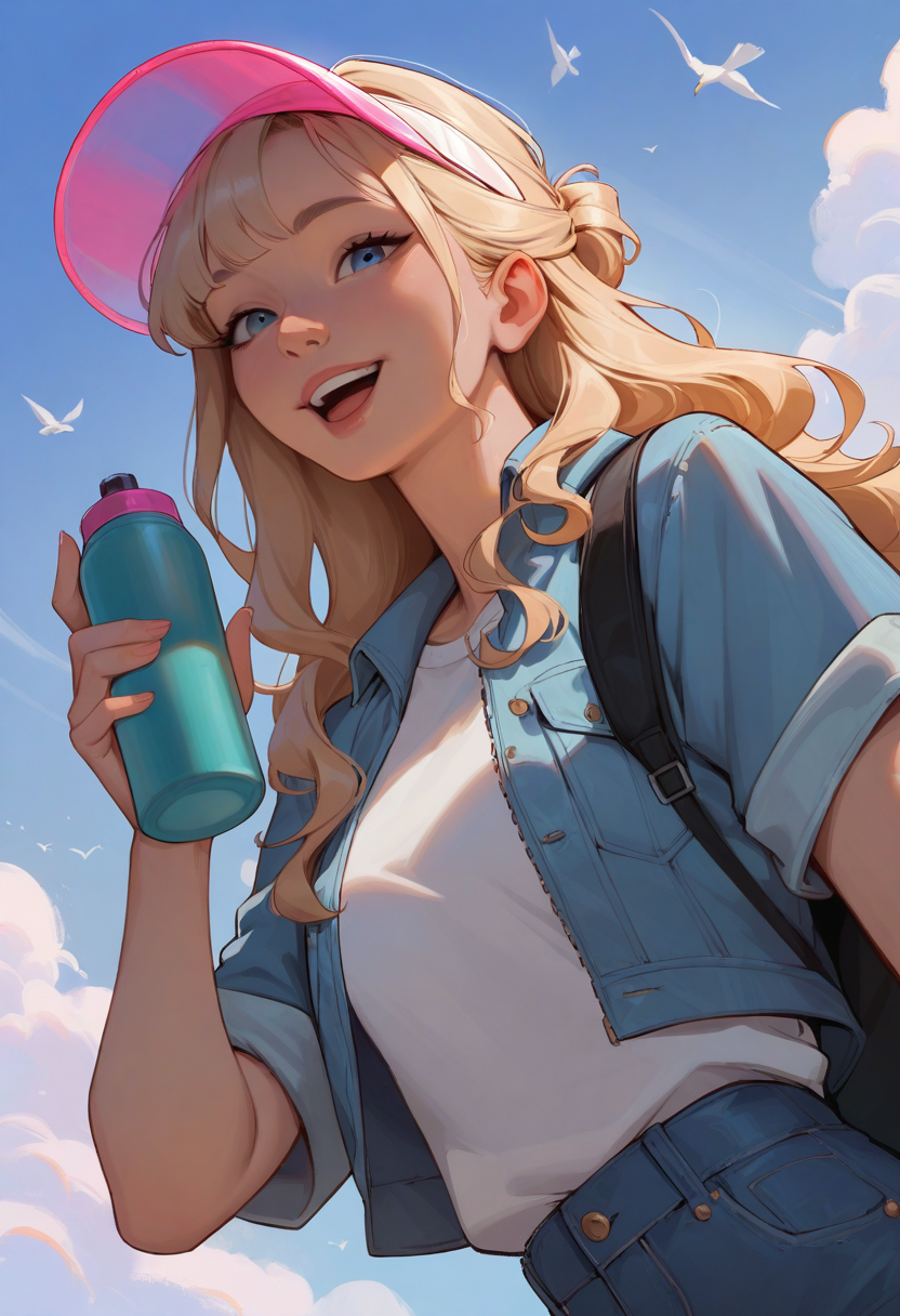 masterpiece, best quality, stylized, realistic, 1girl, solo, blonde hair, wavy hair, half updo, sidelocks, choppy bangs, blue eyes, smile, open mouth, looking at viewer, hand up, holding bottle, aqua thermos, visor cap, pink cap, transparent cap, t-shirt, white shirt, cropped jacket, denim jacket, black backpack, upper body, from below, dutch angle, blue sky, day, cloud, bird