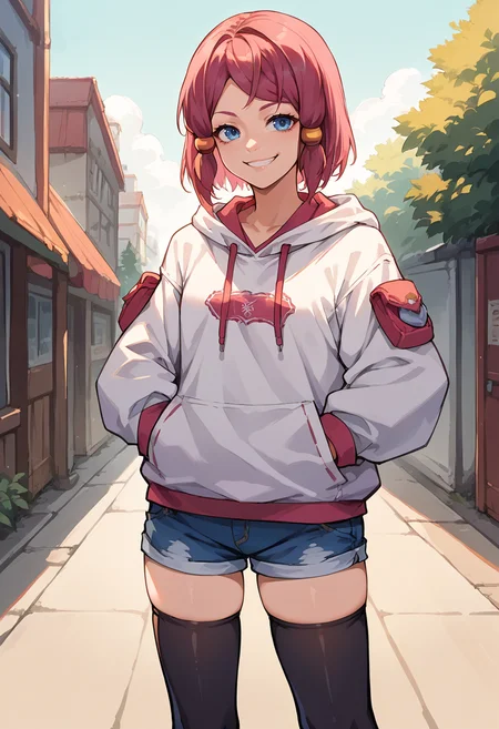 score_9, score_8_up, source_anime, 1girl, solo, RoseTales, blue eyes, pink hair, short hair, hair tubes, white hoodie, denim shorts, black thighhighs, skindentation, hands in pockets, outdoors, smile, smug, <lora:ChamRoseToZPonyXL:1>