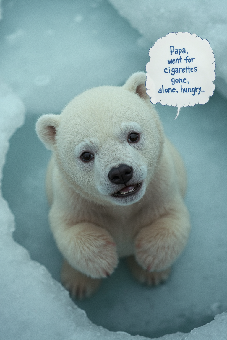 photo is taken from above. ((speechbubble with blue text "Papa, went for cigarettes gone, alone, hungry..")). In arctica on a lone ice shell, a young polar searches for food. he looks up to the viewer with big puppy eyes and tears searching for love. He raises his hands, he wants you to carry him. The scene shows how climate change disrupts natural habitats and endangers wildlife. Captured with Kodak film. 