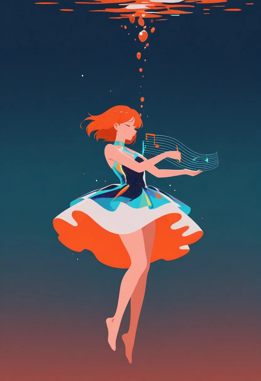 1girl, fantastical dress, floating, underwater, making music, inverted background, (flat lighting, flat color, flat design, no lineart:1), spot color, triadic colors, film grain, local color adaption, neon, pearlescent, masterpiece, best quality, amazing quality, very aesthetic, absurdres, newest,
