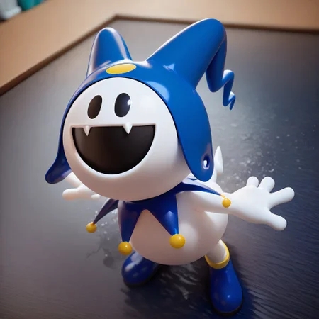 realistic, masterpiece, best quality, newest, absurdres, highres, jackfrostsmt, solo, full body, jester cap, white skin, solid oval eyes, open mouth, smile, skin fangs, fewer digits, short tail, blue footwear, BREAK, perspective, ice