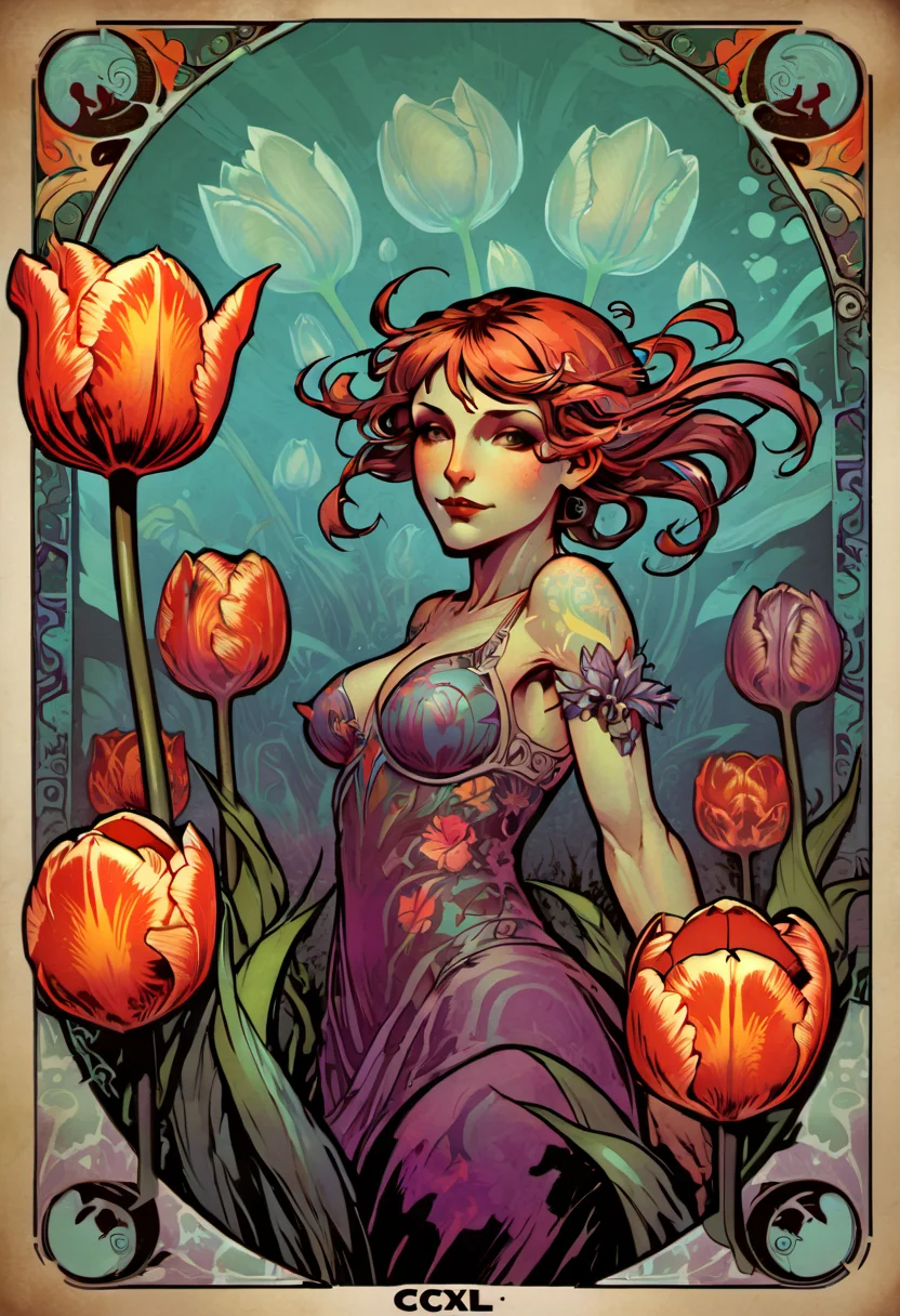 ccxl-mucha, art style, tulip, Psychedelic art drdjns style, comic book artwork in dgst artstyle <lora:ccxl-mucha_lora_vA1:0.75> <lora:drdjns:0.75> <lora:SDXL1.0_Essenz-series-by-AI_Characters_Style_DarkestDungeonChrisBourassa-v1.1:0.95>