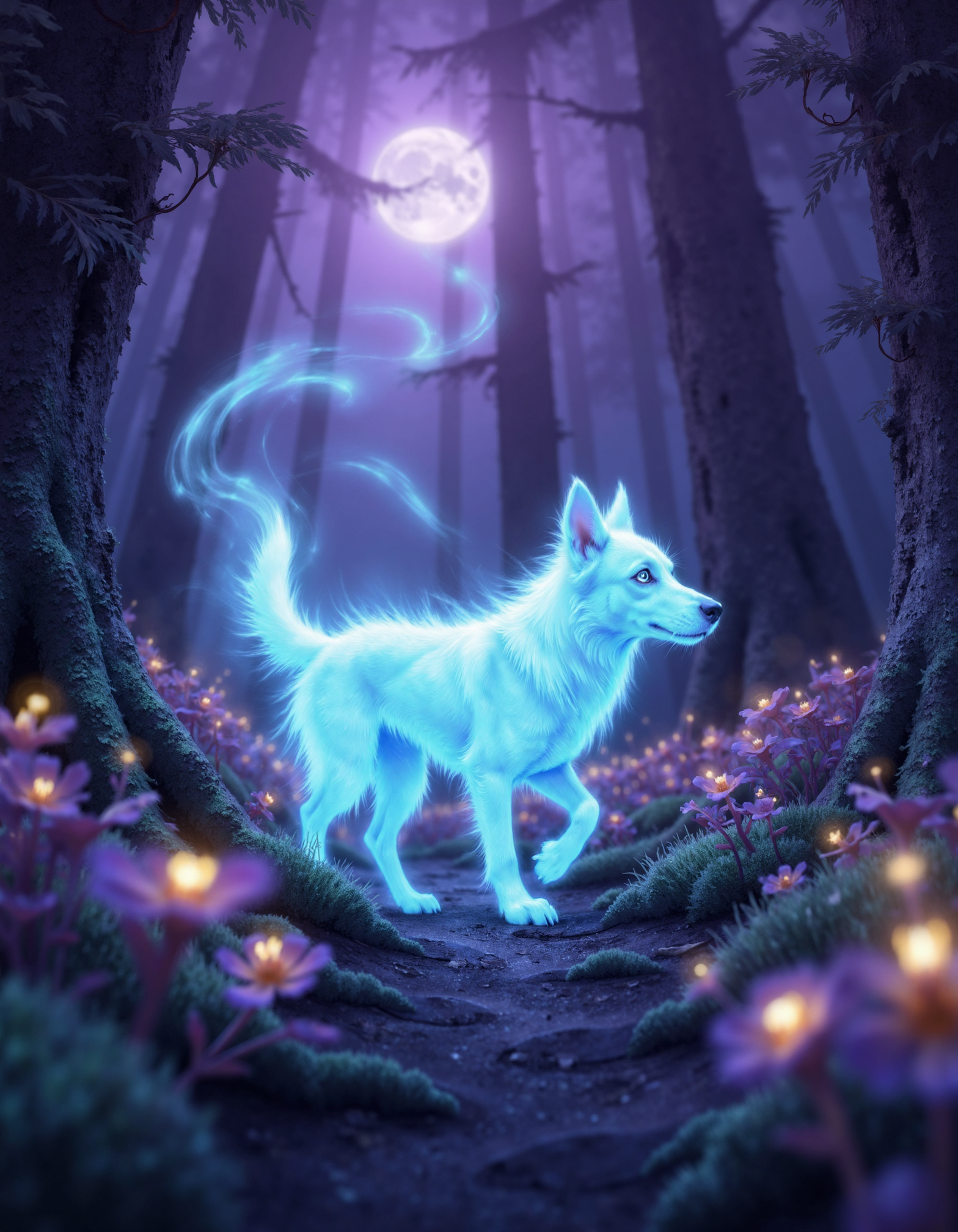 zavy-ghst, A low-angle shot captures a glowing dog ghost with ethereal wisps trailing behind it, the dog ghost playfully chasing after shimmering orbs of light, set in an enchanted, moonlit forest with bioluminescent plants casting a soft glow, in a dreamy surrealistic style, featuring a vibrant palette of deep purples and electric blues alongside luminous greens.