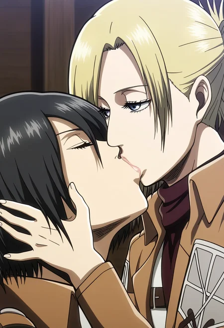 score_9, score_8_up, score_7_up,1girl,source_anime,kiss,
BREAK annieS1 ,blonde hair,short hair,blue eyes,tied hair,detailed face,masterpiece,best quality,annie leonhardt, kissing,<lora:annieS1:0.8>
BREAK mikasa ackerman, 1girl,short black hair, <lora:Private-Mikasa-PDXL:0.8>