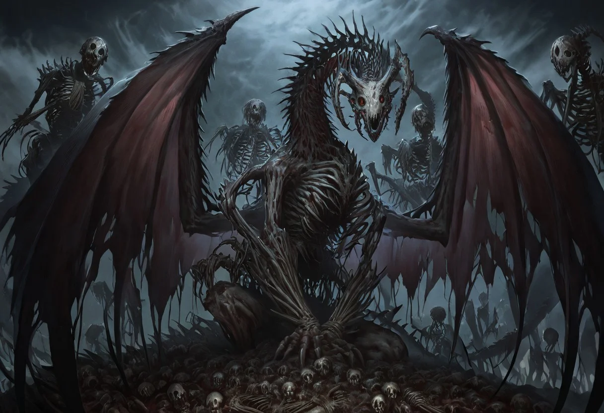 masterpiece, best quality, newest, absurdres, highres,
TWEV1.0, no humans, monster, giant, dragon, scales, dragon wings, dragon horns, undead, zombie, rotten flesh, horror (theme), skeleton, bones, skull,